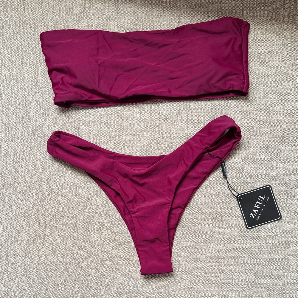 Zaful Wine Red Bandeau Bikini Set